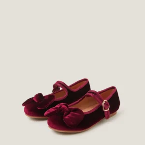 Velvet Bow Strap Ballet Flats Red