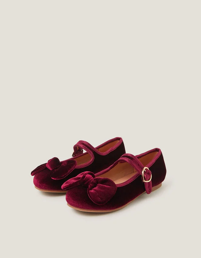 Velvet Bow Strap Ballet Flats Red