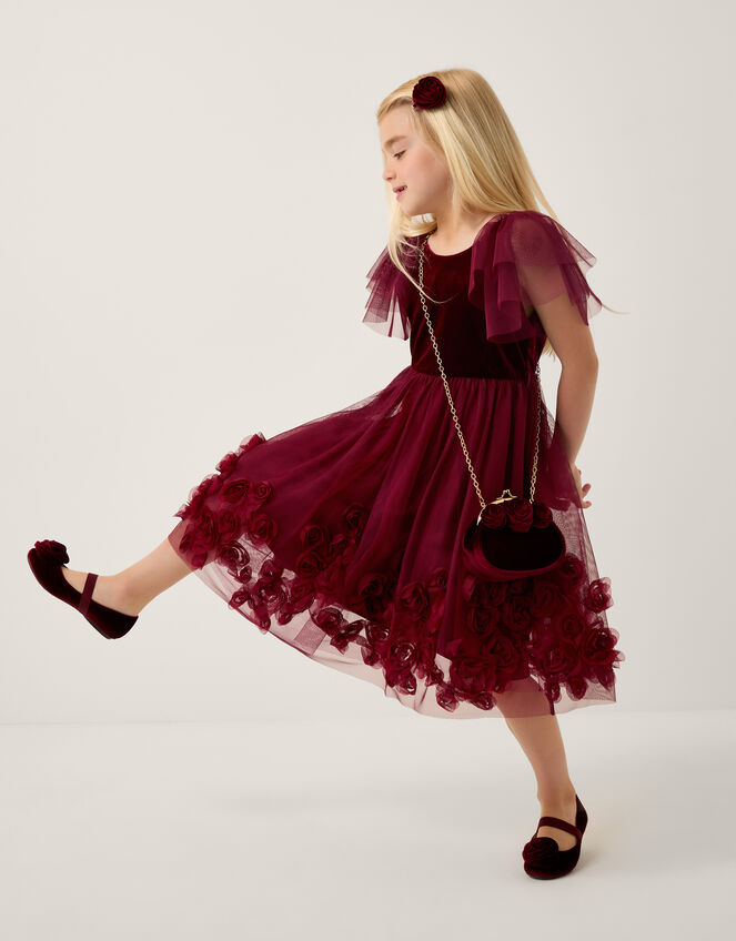 Eden Velvet Rose Appliqué Party Dress Red